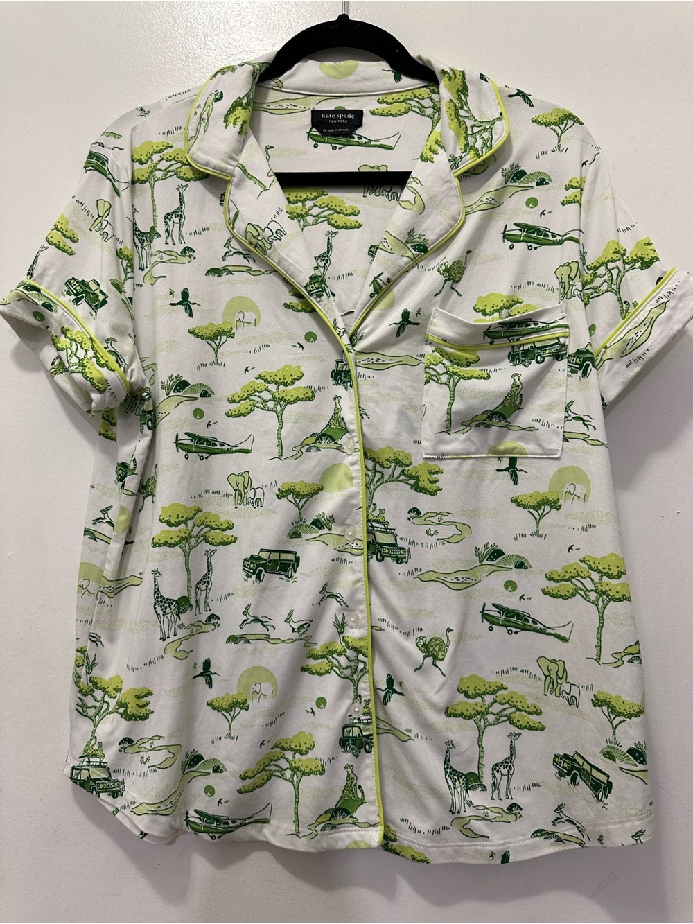 kate spade White Short-Sleeve Safari Print Button-Down Pajama Top Sz M
